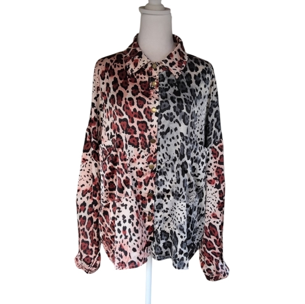 POL Long Sleeve Button Front Color block Leopard Print Blouse Size Medium